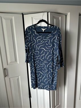 Washed Navy Blue Printed Tunic Dress with Cream Swirl Pattern